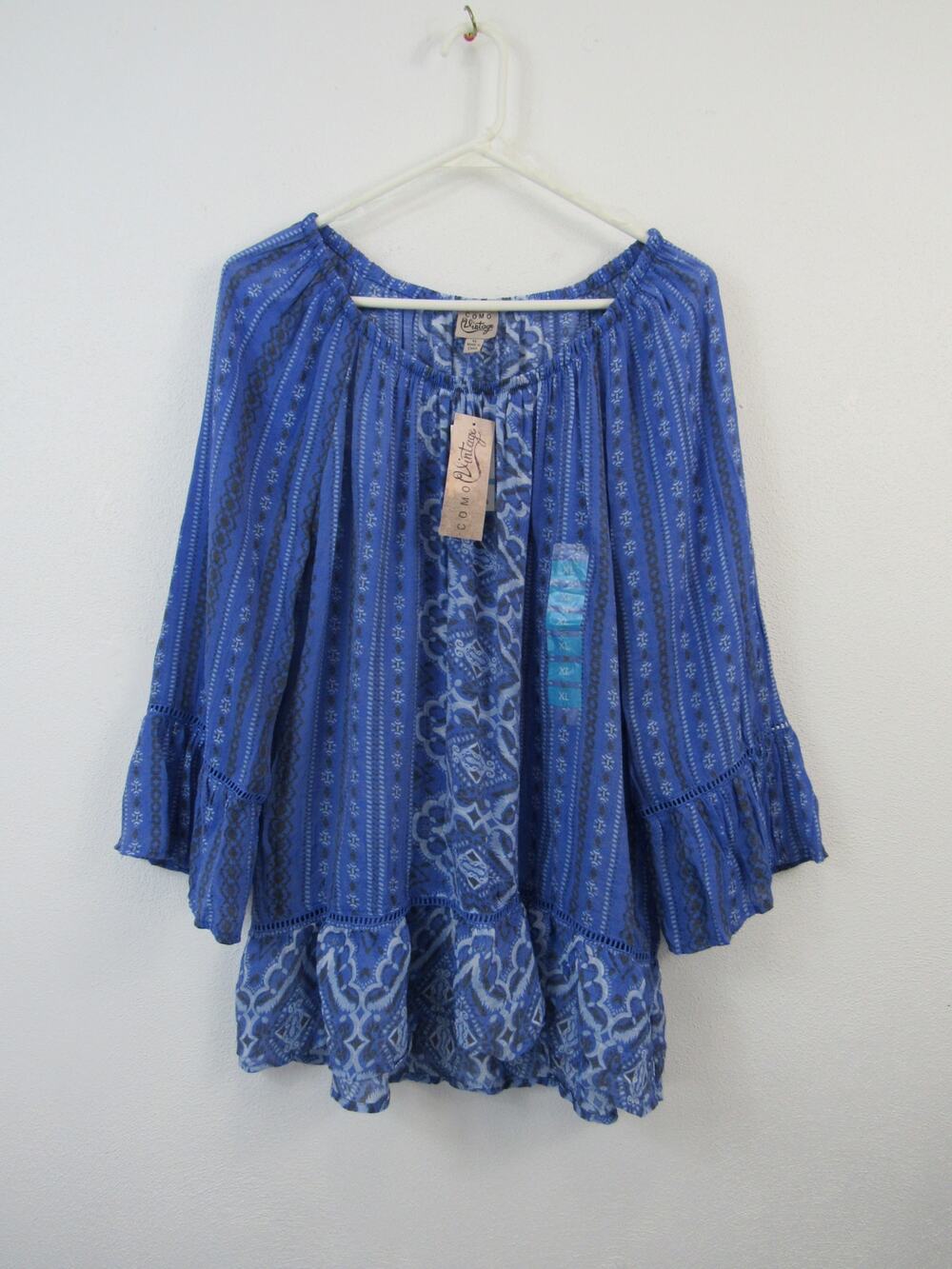 NWT Como Vintage XL Amparo Blue Long Sleeve Bohemian Blouse Top Boho NEW